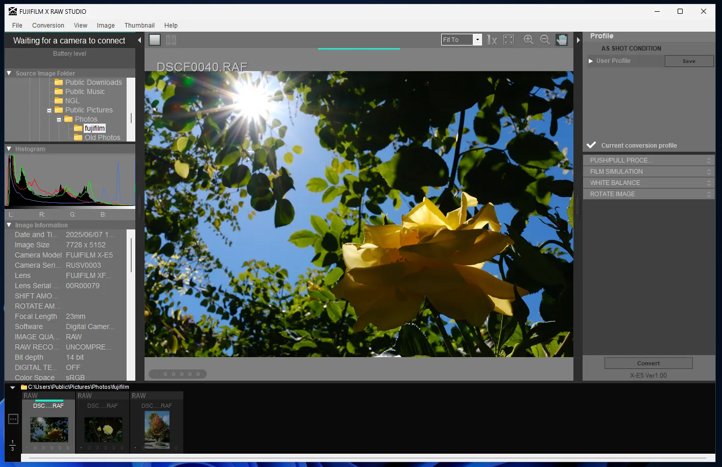 FUJIFILILM X RAW STUDIO-Benutzeroberfläche