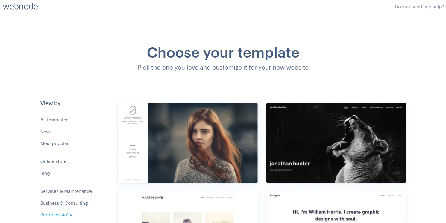 Photographer portfolio design styles on Webnode