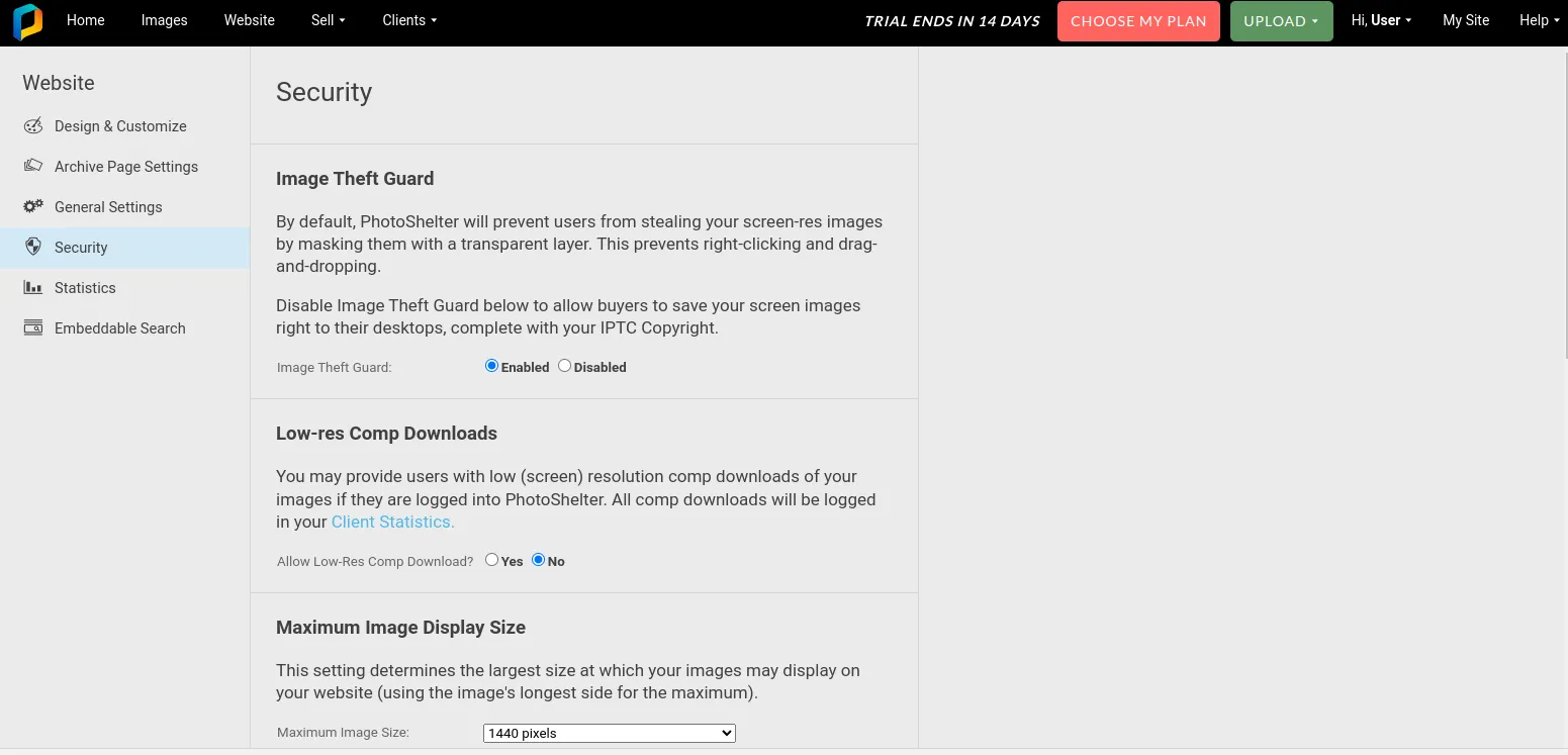 Setting up access levels on the portfolio creation service for photographers PhotoShelter