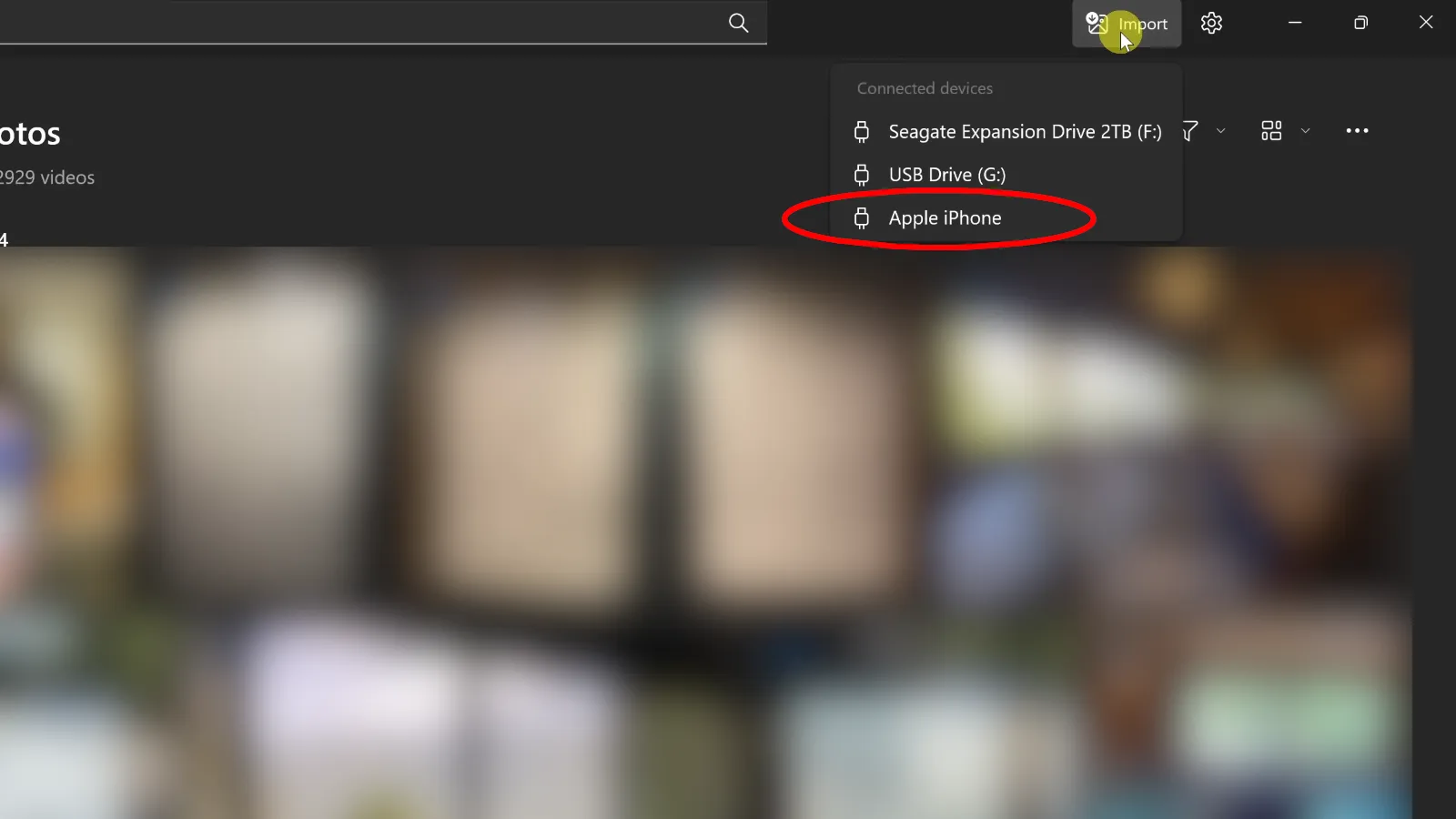 Добавление iPhone в интерфейсе «Photos» Windows