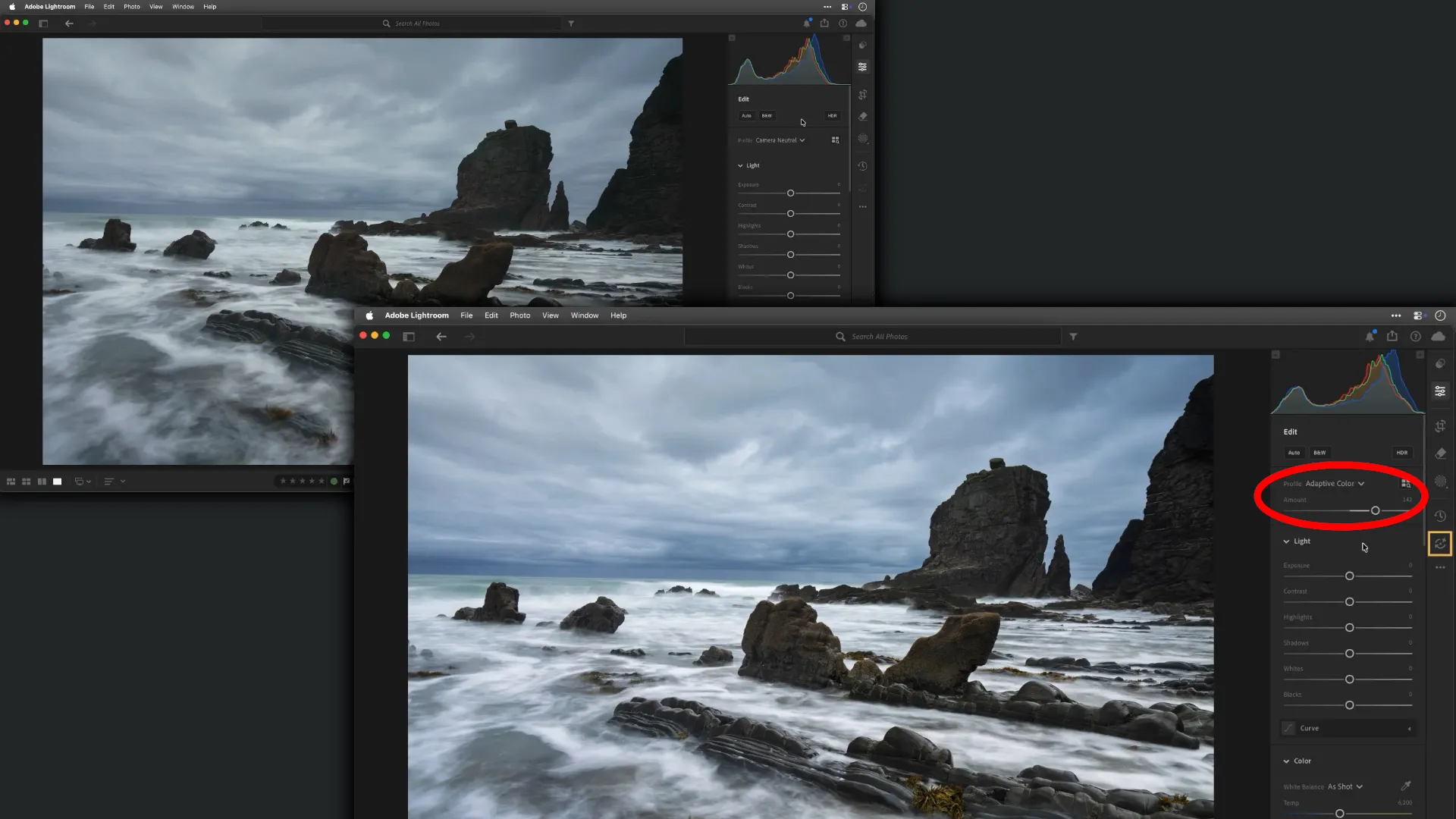 An example of using AI editing tools in Lightroom