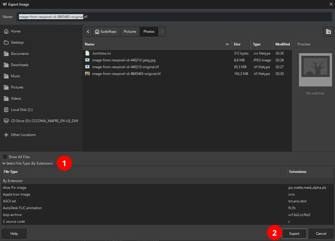 Sélection d'un format de fichier de sortie dans GIMP