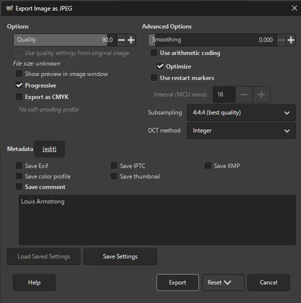 Boîte de dialogue d'exportation GIMP