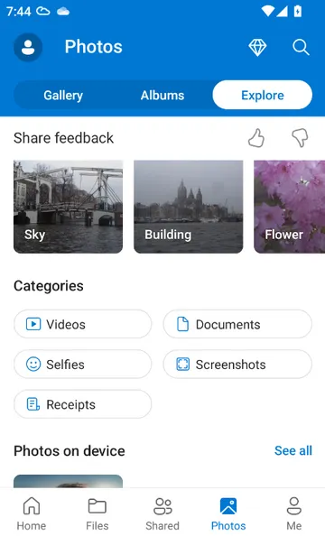 Section Photos dans l'application mobile OneDrive