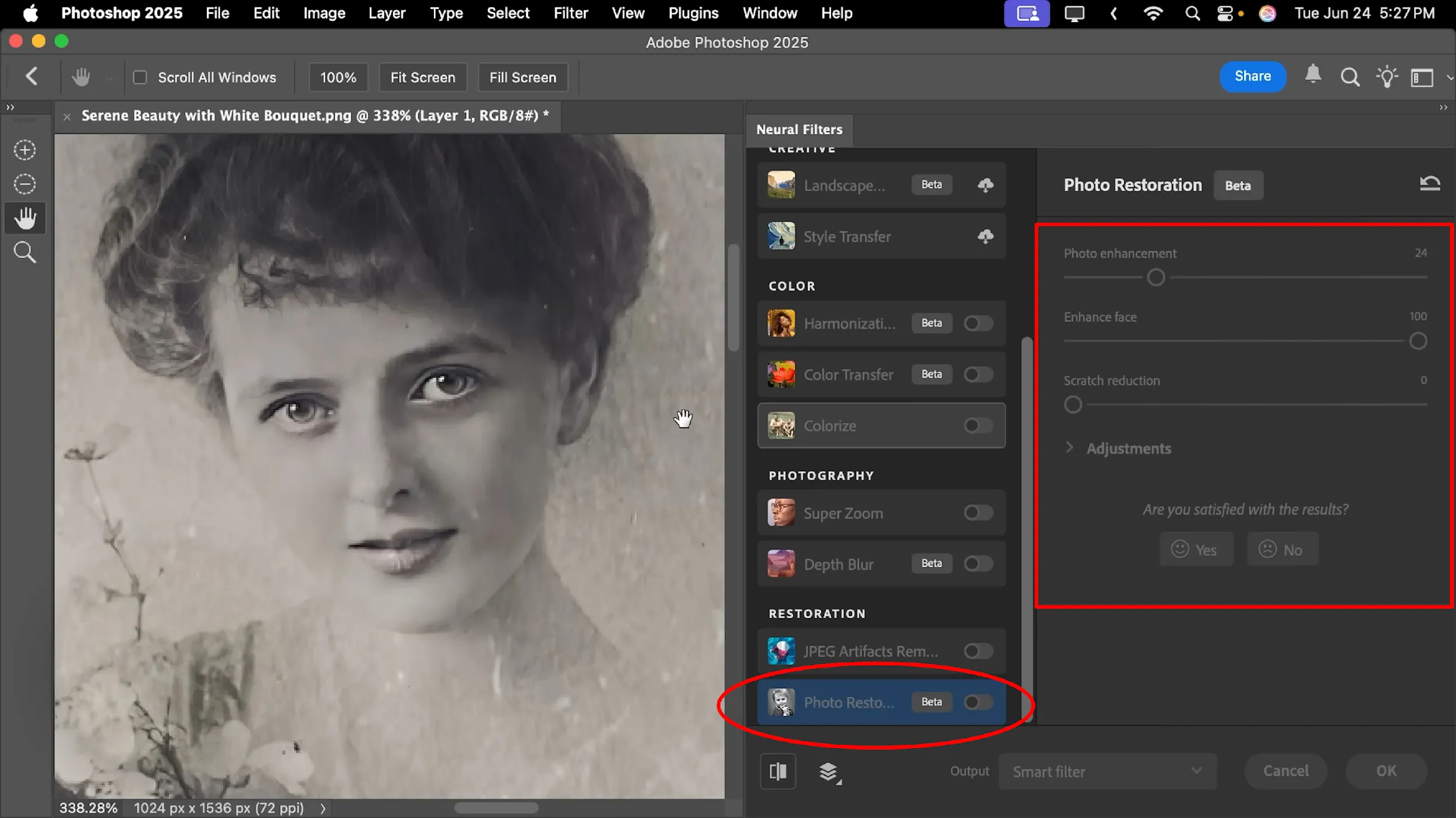 Ein Beispiel für die KI-gestützte Fotorestaurierungsfunktion in Adobe Photoshop