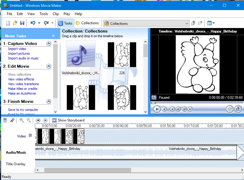 Добавление фотографий из библиотеки на шкалу времени в Windows Movie Maker