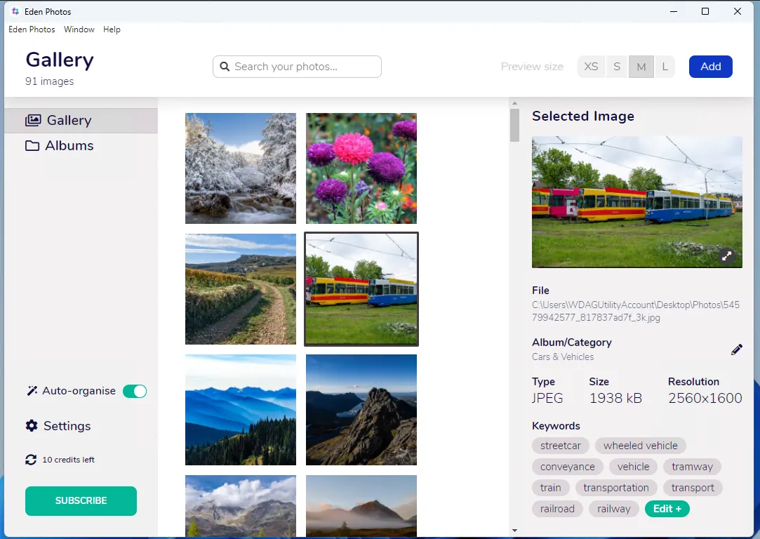 Benutzeroberfläche und Beispiel für angewendete Tags in Eden Photos
