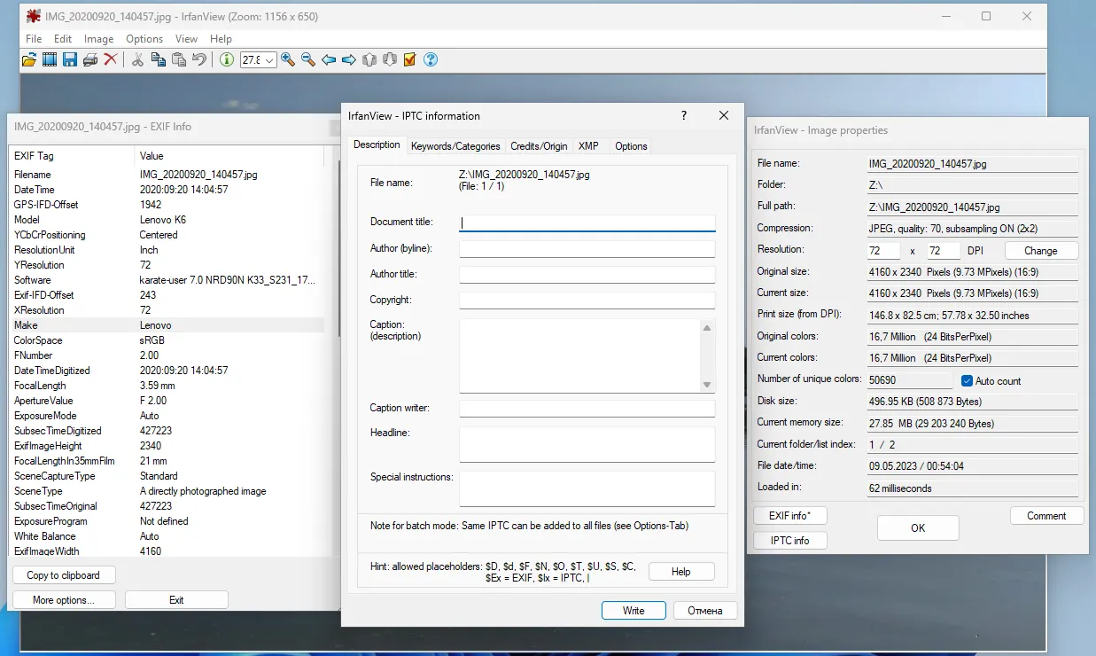 View and edit photo metadata in IrfanView