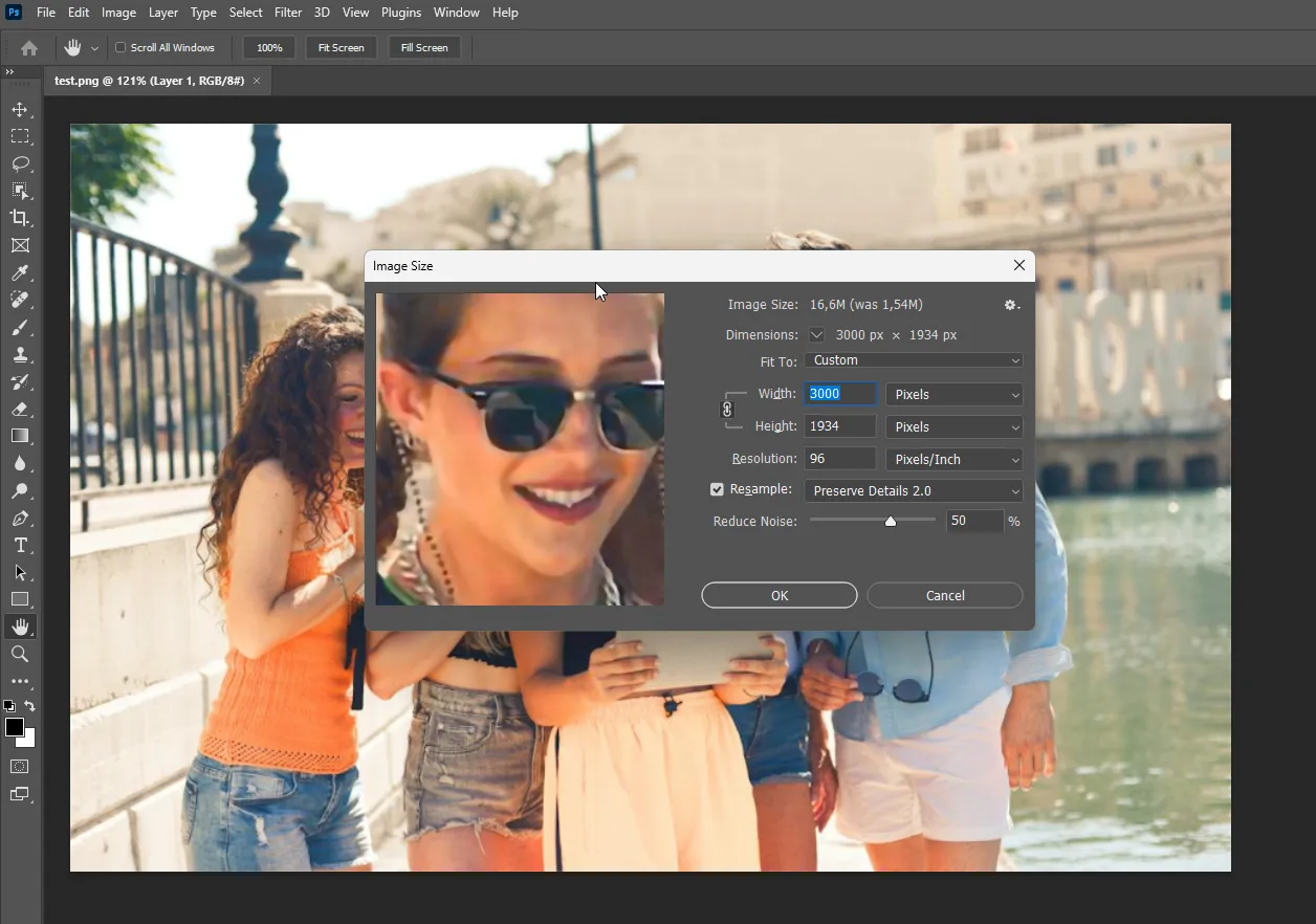 Окно настройки Preserve Details 2.0 в Photoshop