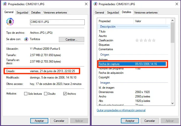 Ein Beispiel für eine Datei, deren Erstellungsdatum nicht mit dem Aufnahmedatum übereinstimmt.