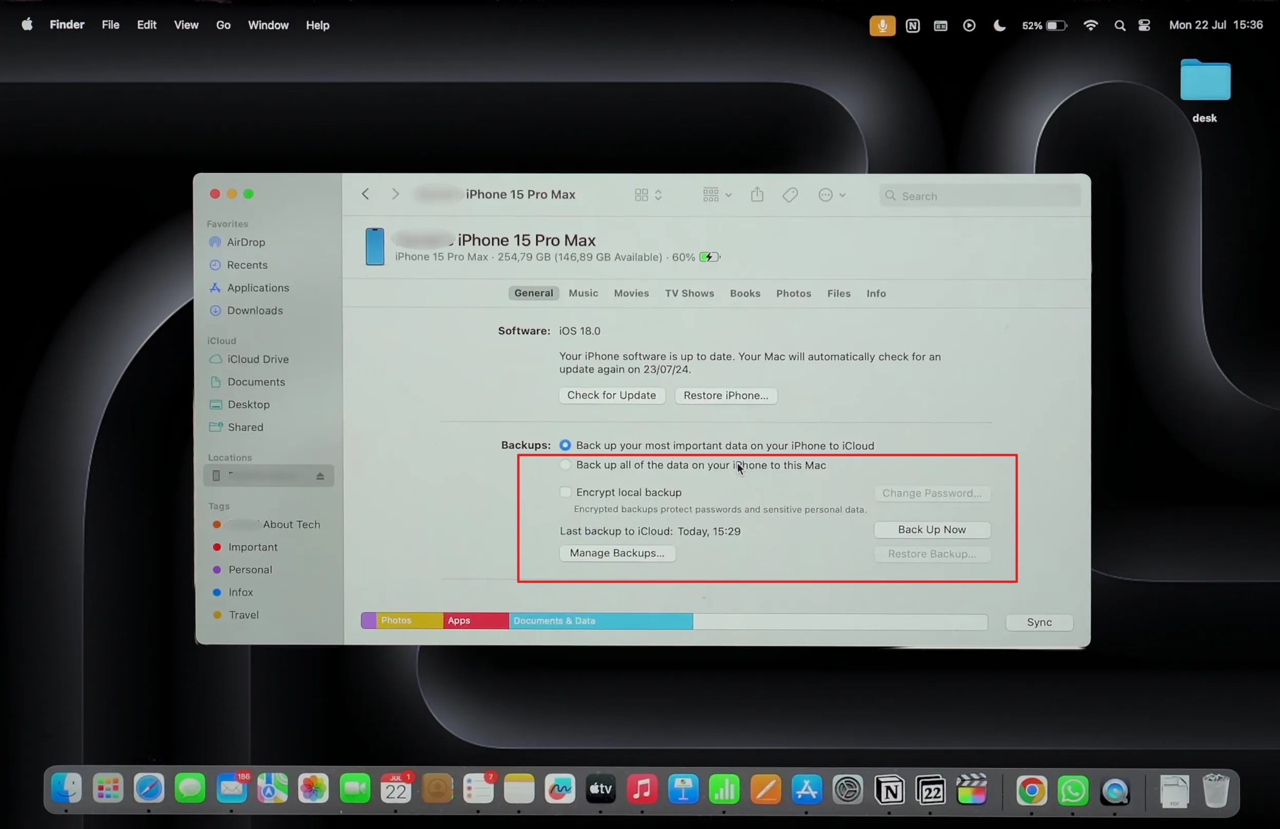iPhone Local Backup/Restore Section in Finder