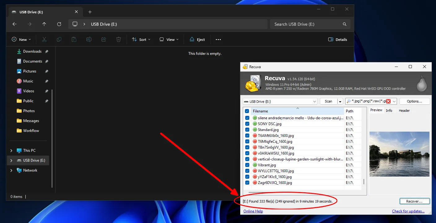 Результат сканирования USB-флешки на предмет удаленных фотографий