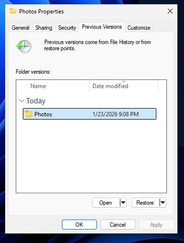 Пример предыдущей версии папки при Теневом копировании тома