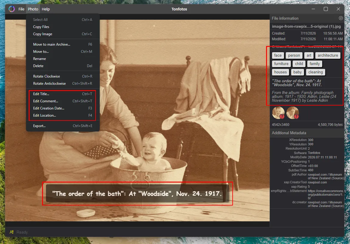 Tonfotos のインターフェースと、そこで表示される写真注釈