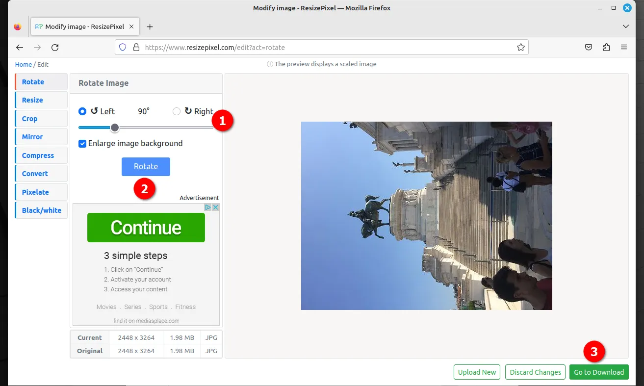 Photo rotation angle settings in the online service resizepixel.com