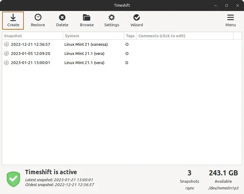 Fenêtre principale du programme de sauvegarde Timeshift dans une distribution Linux