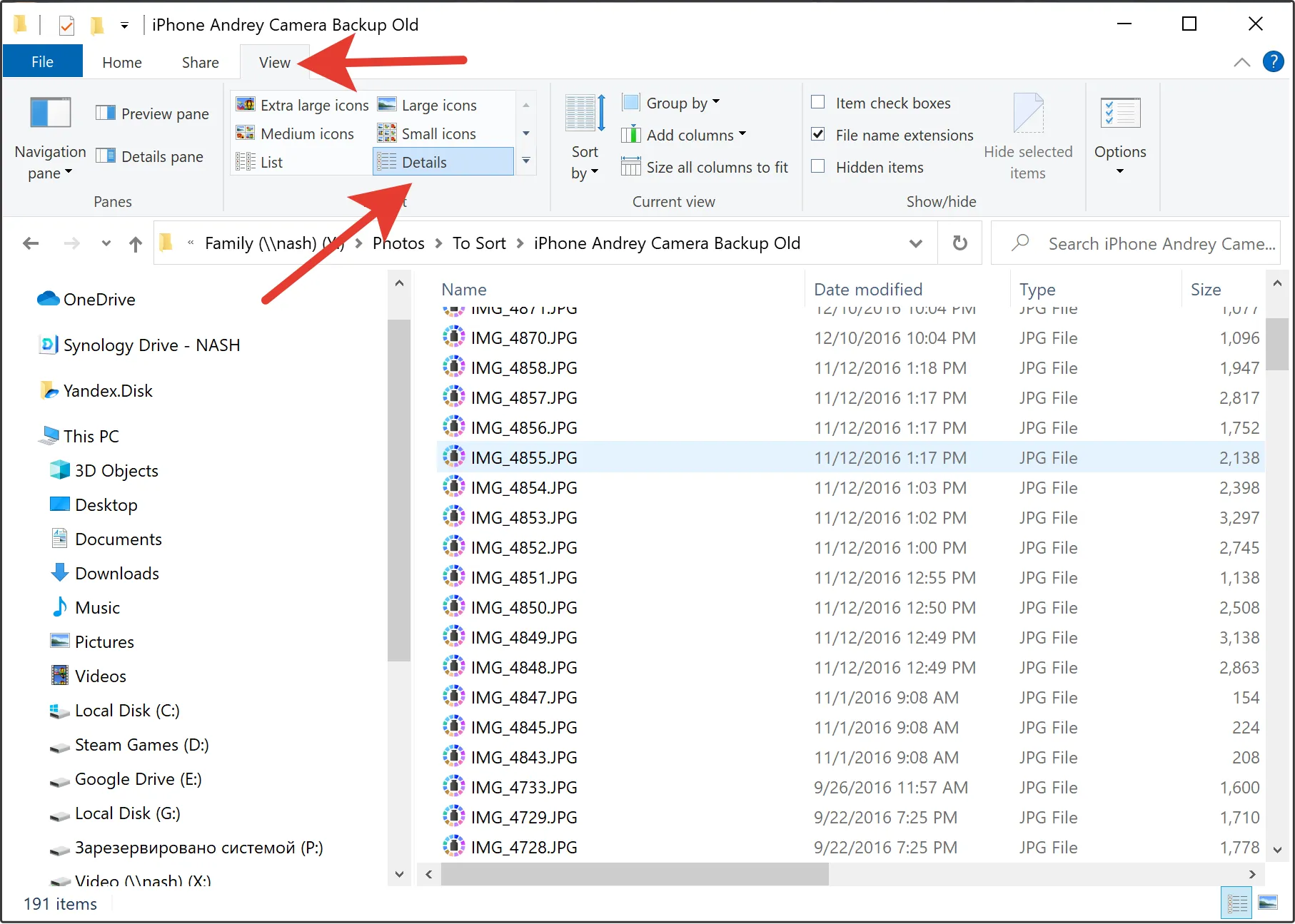 Turn on the table view mode in Explorer