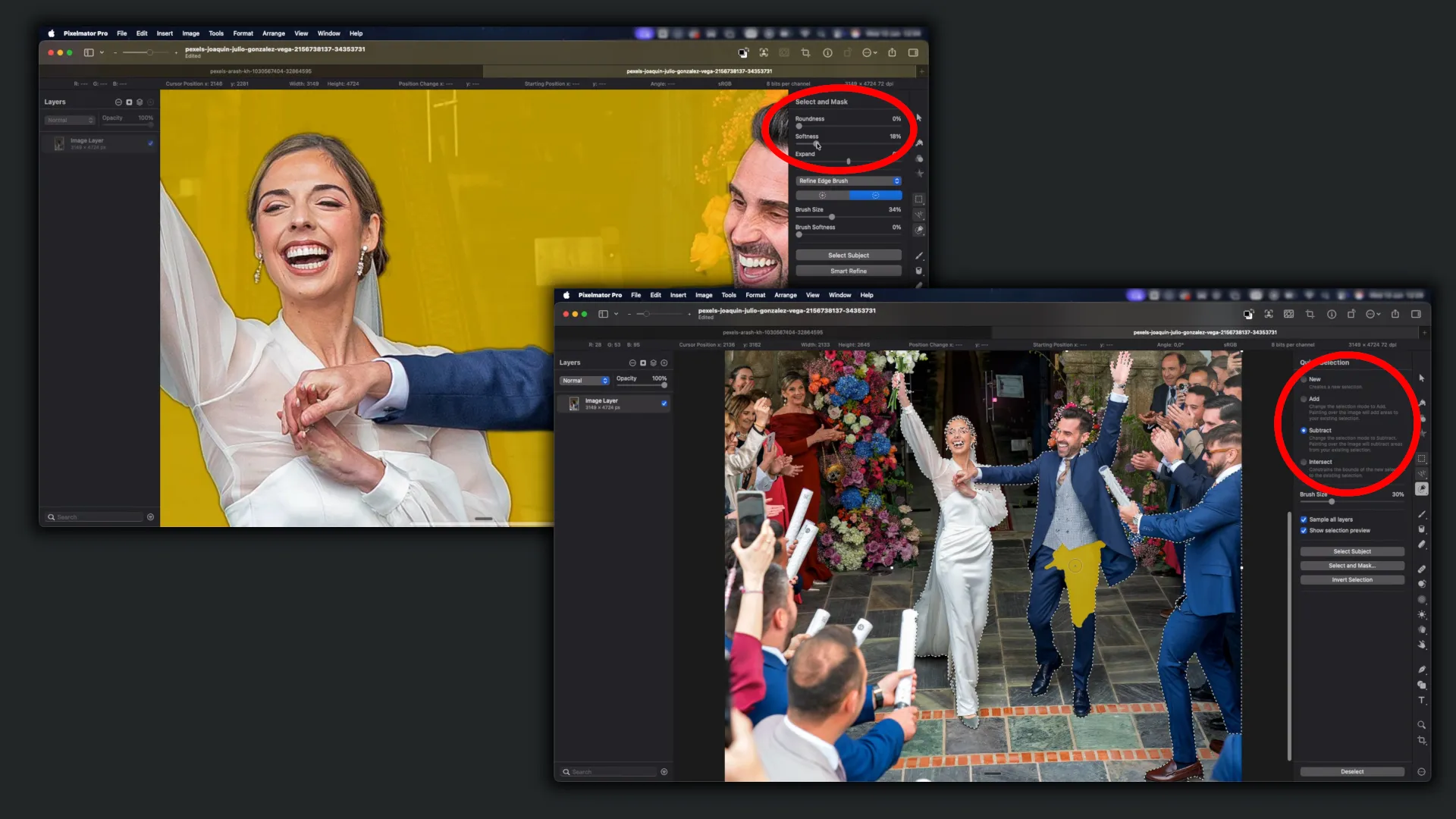 Selecting similar areas and adjusting the mask in Pixelmator Pro's interface