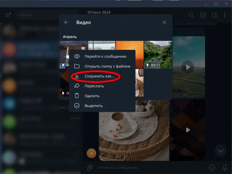 Загрузка видео через дополнительные сведения группы или чата Телеграм
