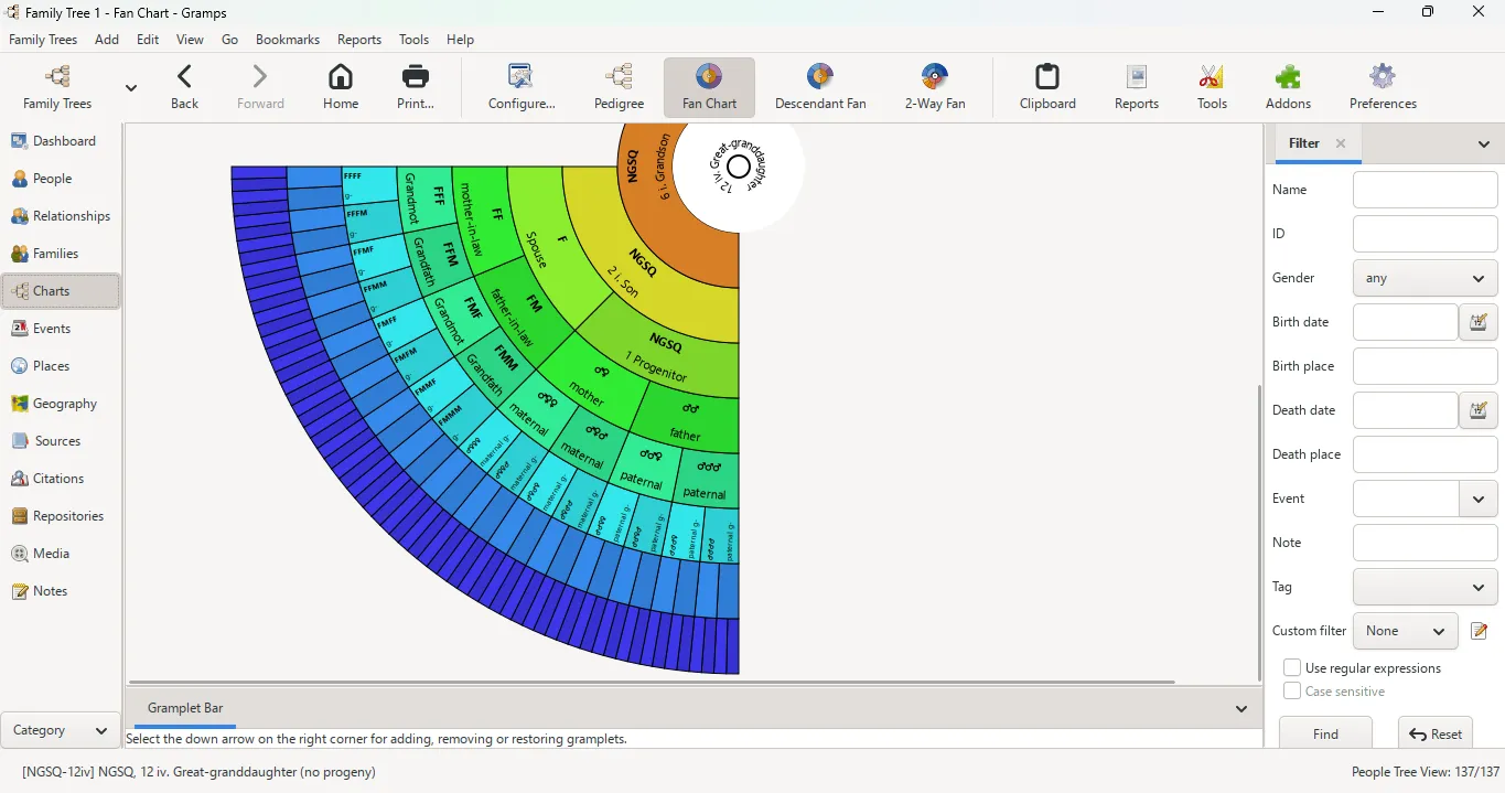 Пример проведенного генеалогического исследования и интерфейс в Ancestris