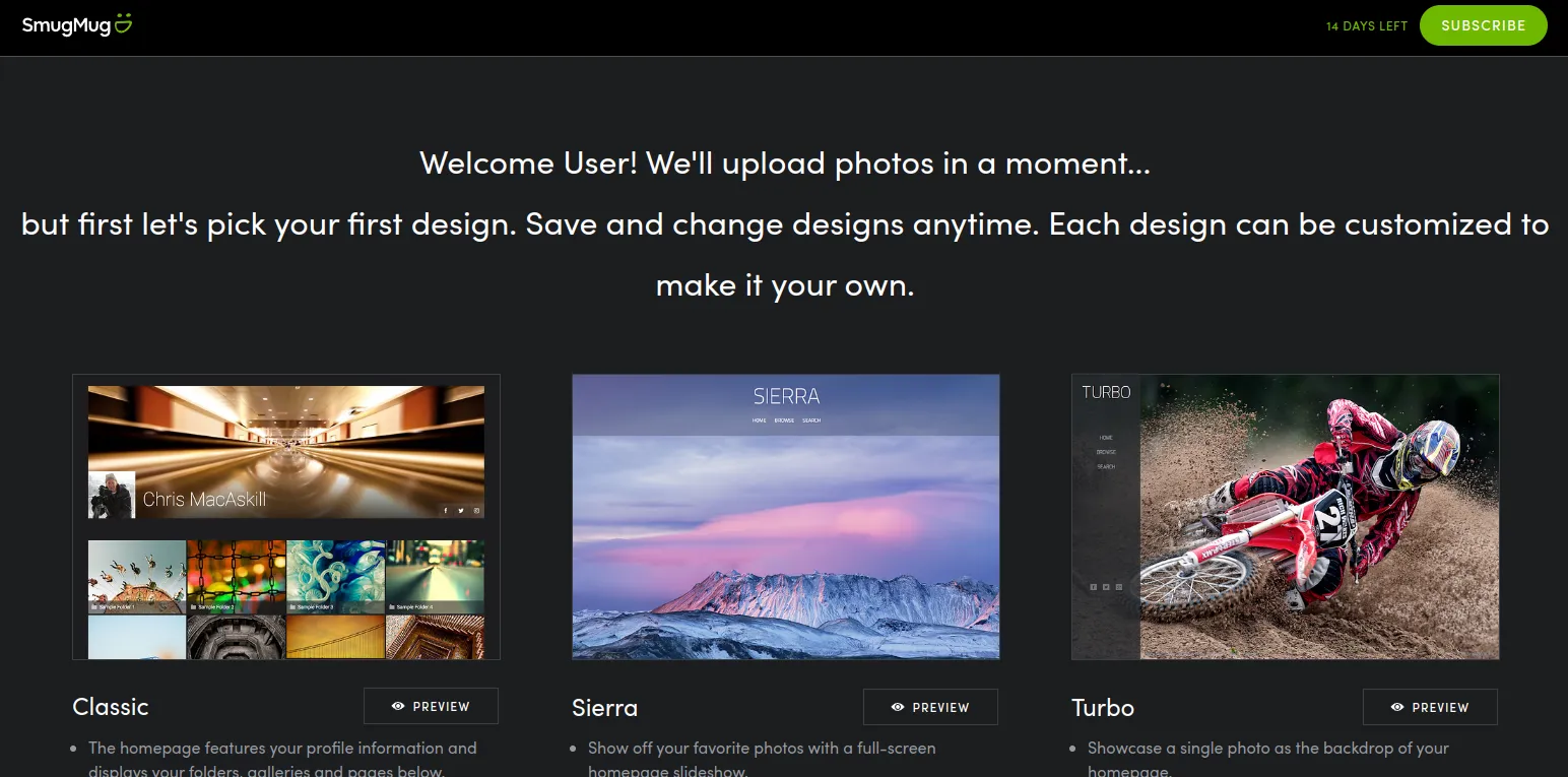 Photographer portfolio design options on Smugmug