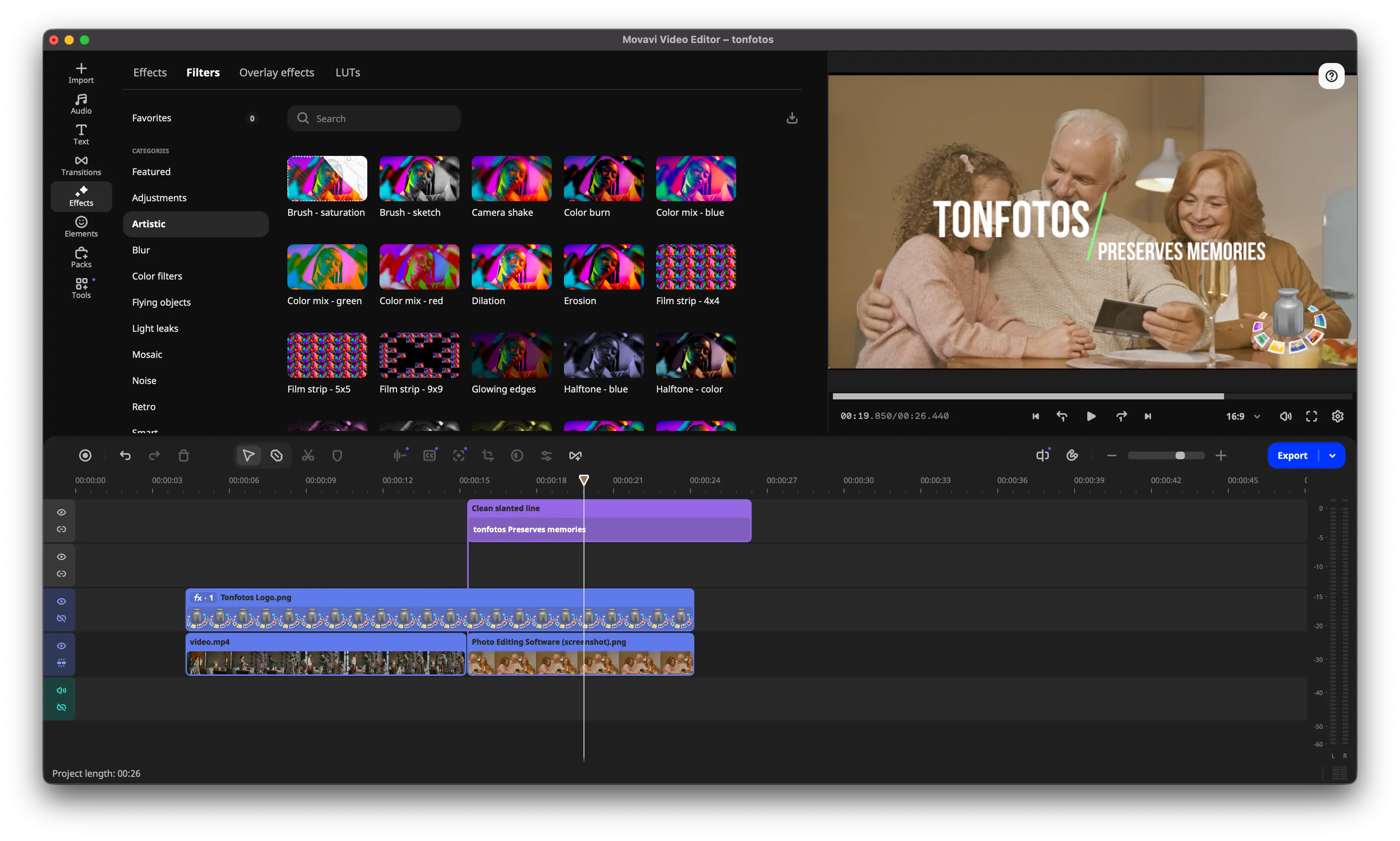 Interface and editing sample in Movavi Video Editor