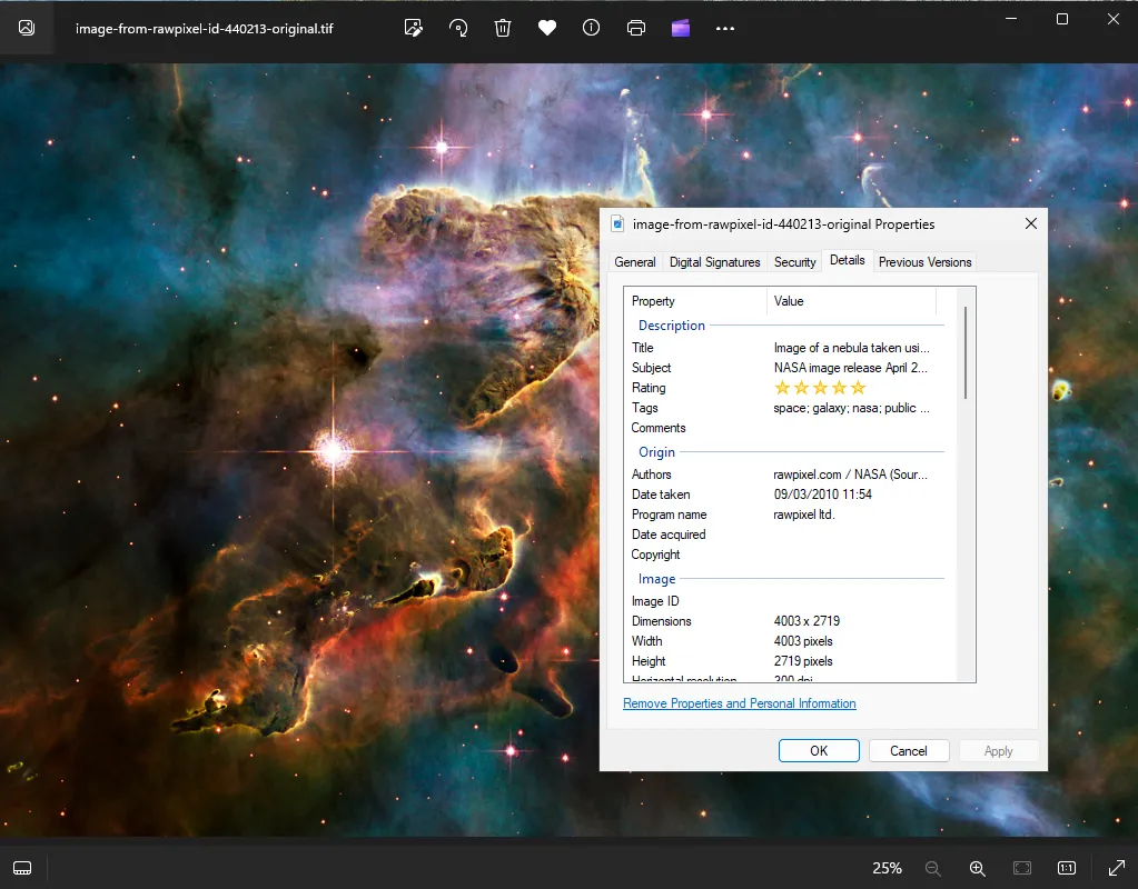 Exemple d'ouverture d'un fichier TIFF sous Windows 11