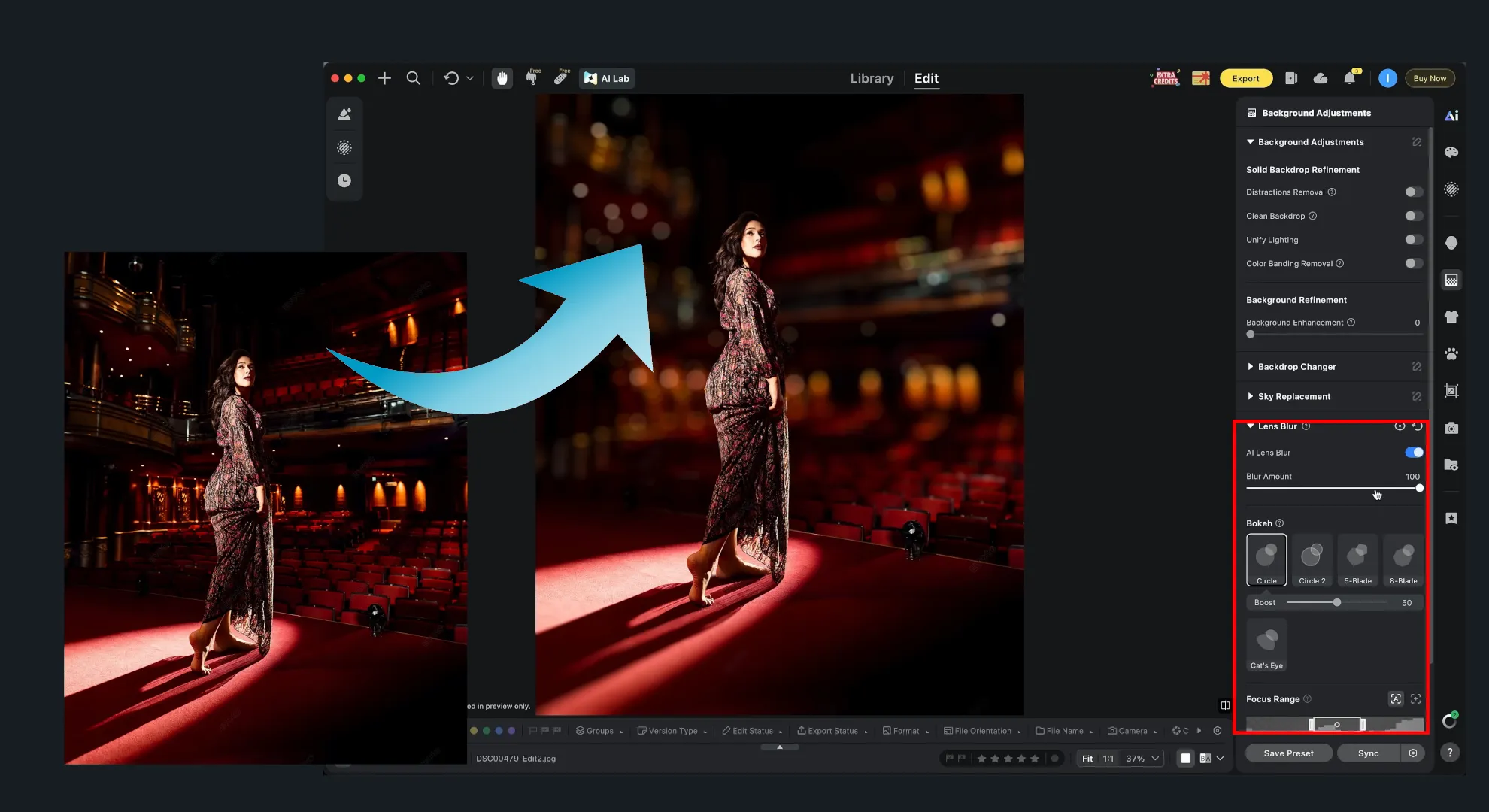 Applying the lens blur effect in Evoto AI