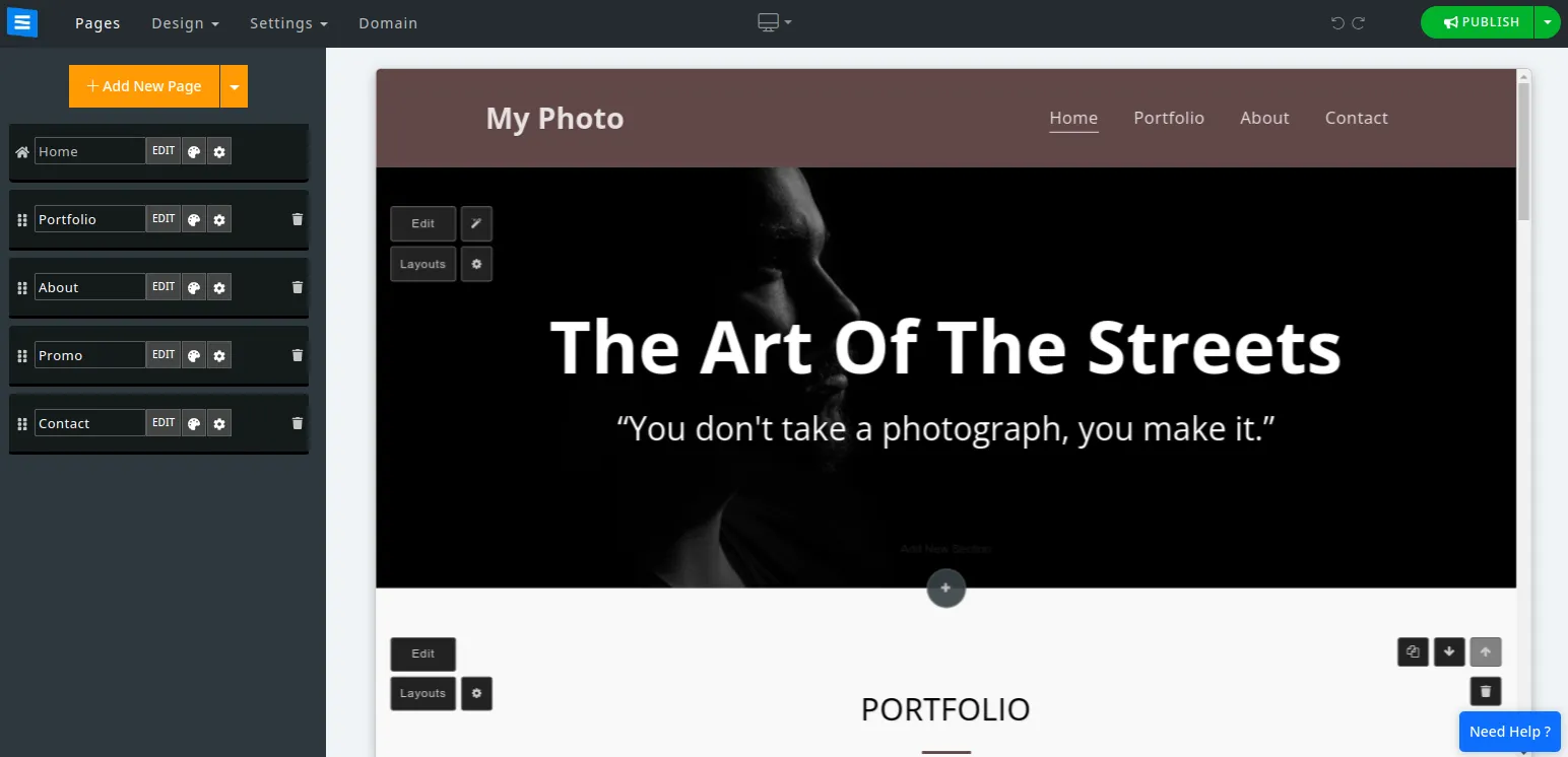 Portfolio website control panel on Site123