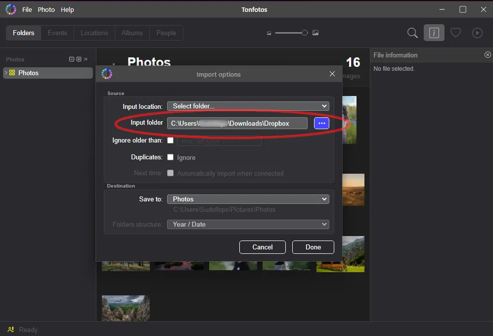 Setting up Tonfotos photo import settings from a Dropbox folder
