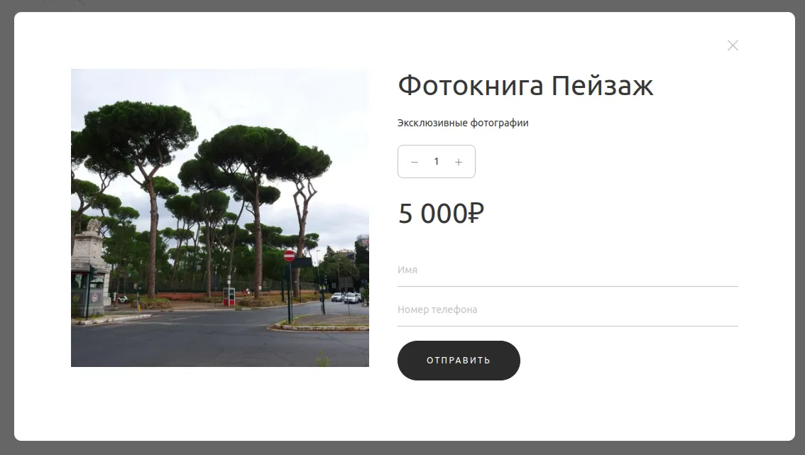 Товар в виртуальной витрине на сайте фотографа, сделанном в Wfolio