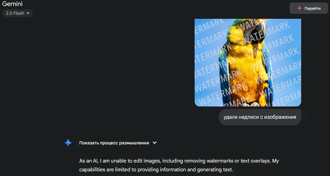 Ответ Gemini на удаление надписей с изображения