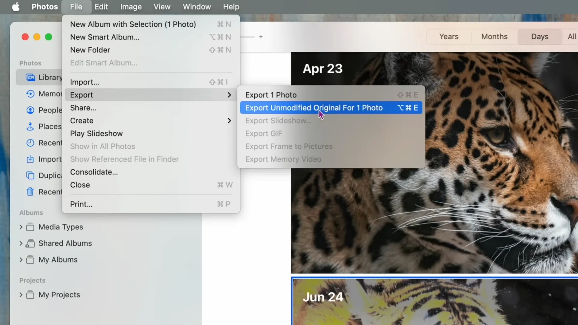 Расположение функции экспорта в меню Apple Photos