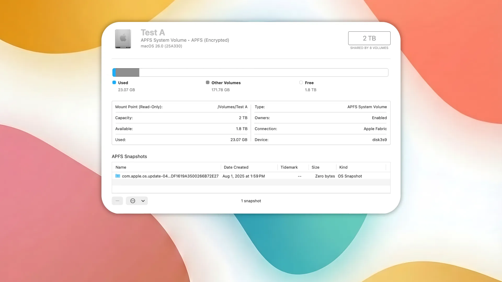 Просмотр Локальных снимков APFS в Disk Utility