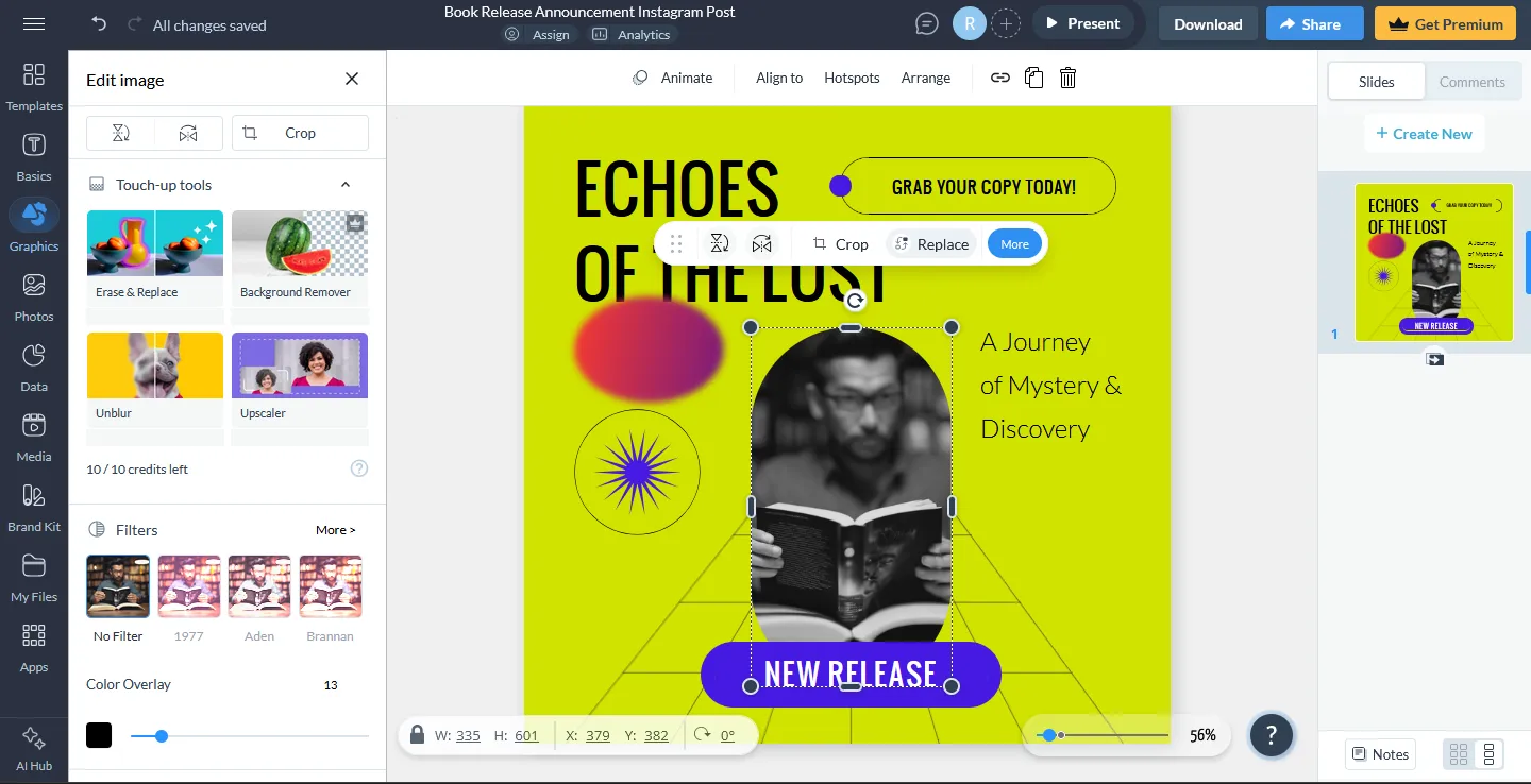 Панель управления и функции редактирования Visme