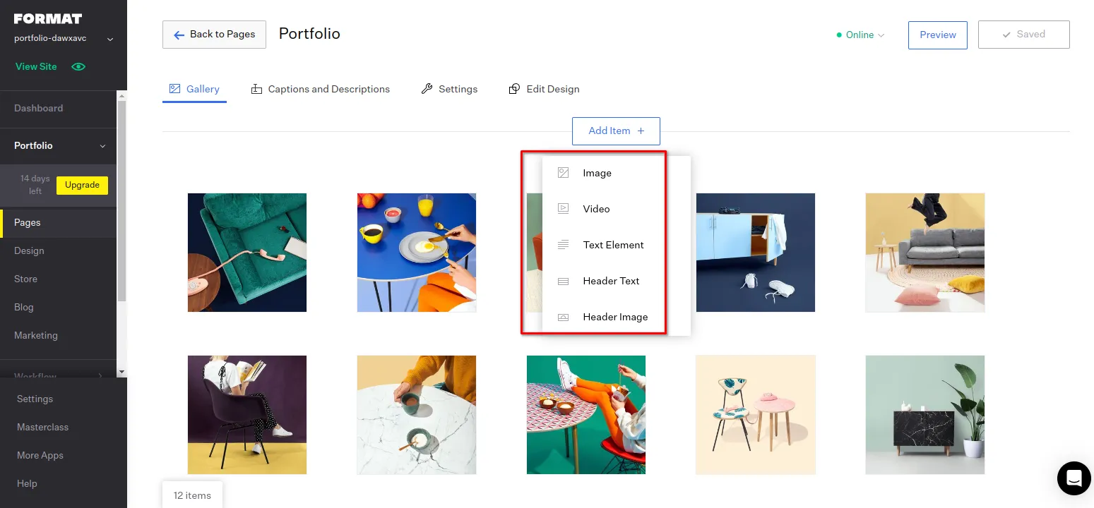 How to add the required block on the portfolio page of the Format service