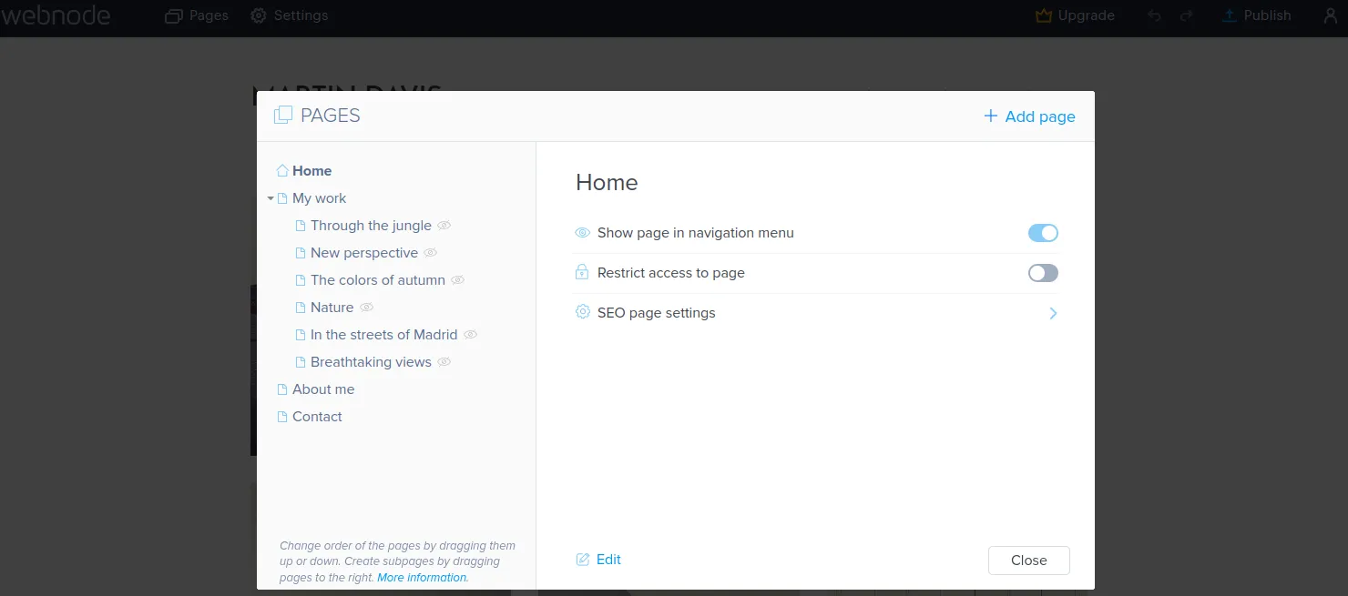 Managing the content of a photographer's portfolio on the Webnode service