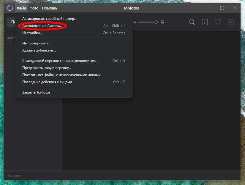 Настройка расположения архива в Tonfotos