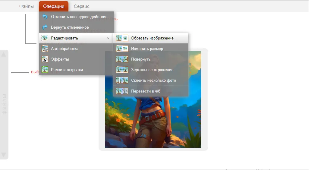 Функции обрезки изображений в меню сервиса croper.ru