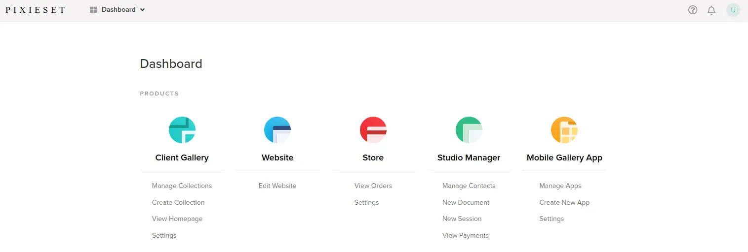 Functionality of the service for creating a photographer's portfolio Pixieset