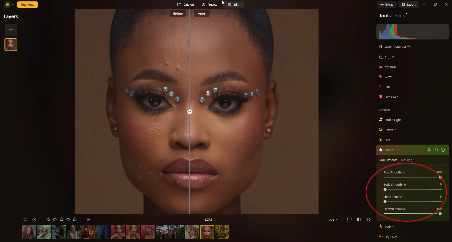Removing skin flaws using AI photo editing in Luminar