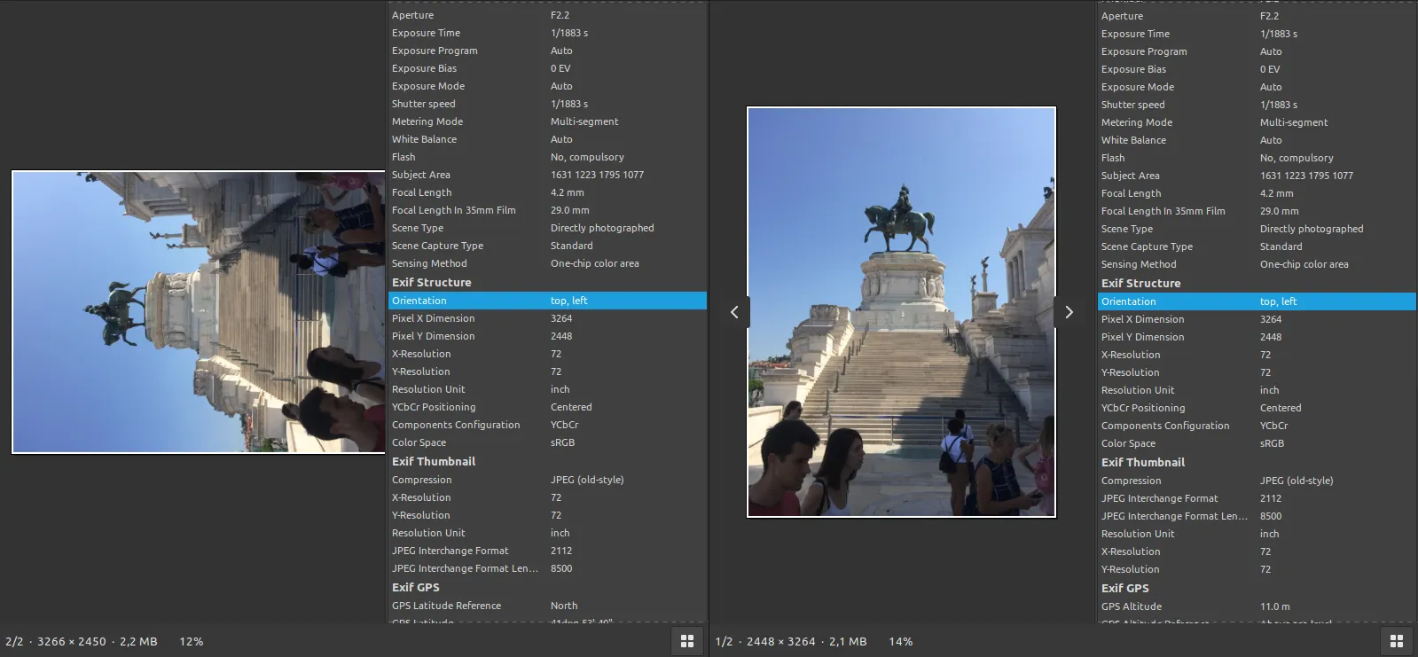 The proof that the rotation was done by re-compressing the photo