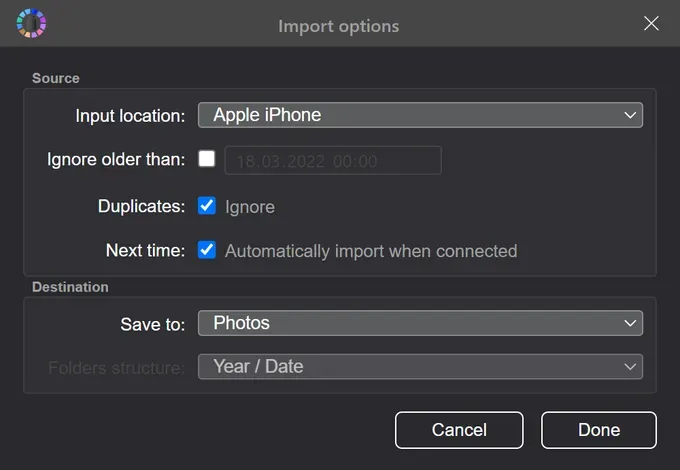 Настройка параметров импорта фотографий с телефона Tonfotos