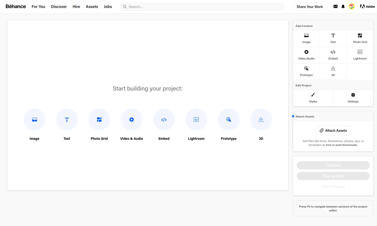 Functionality of the service for creating a photographer's portfolio Behance
