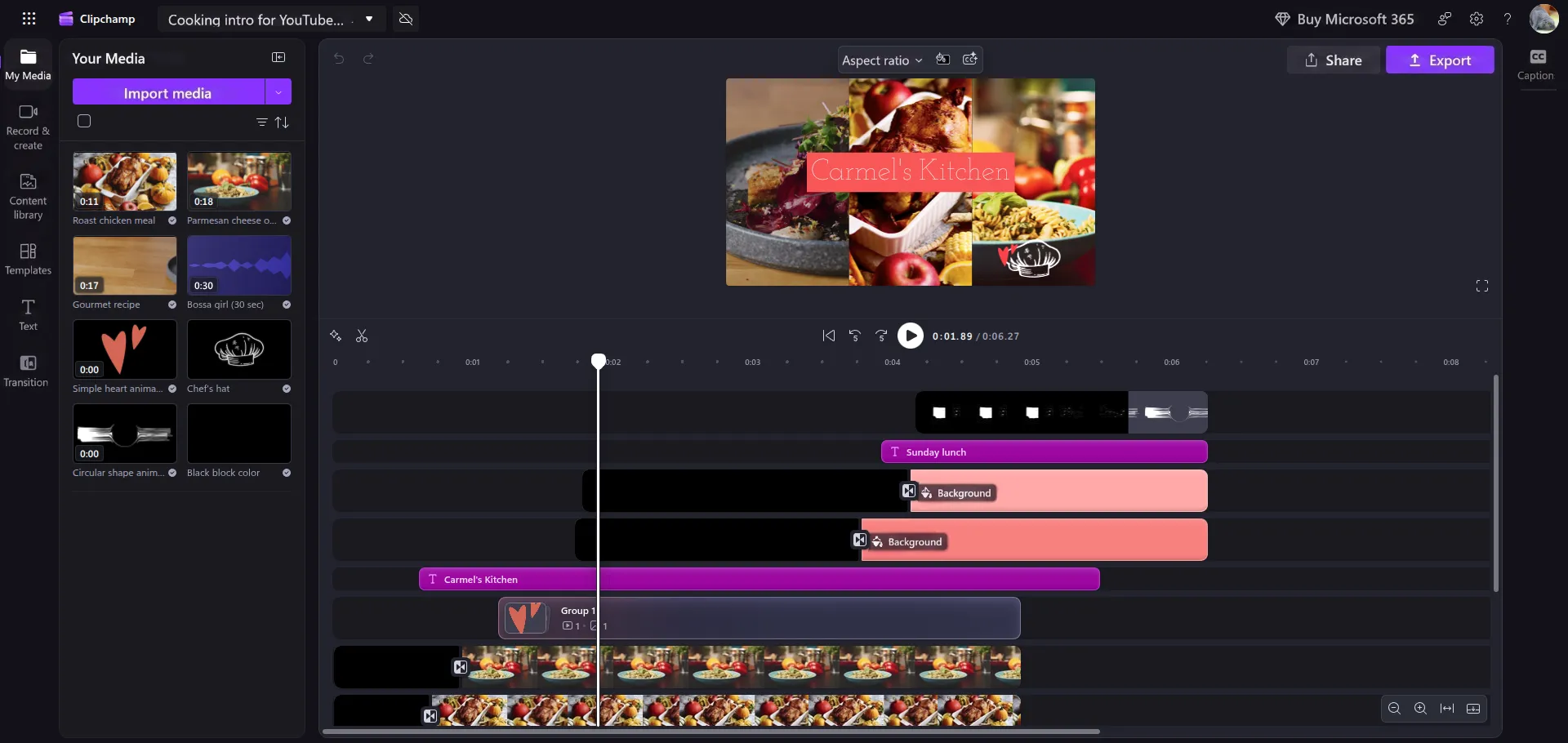 Beispiel eines Editors für Video-Collagen in Clipchamp