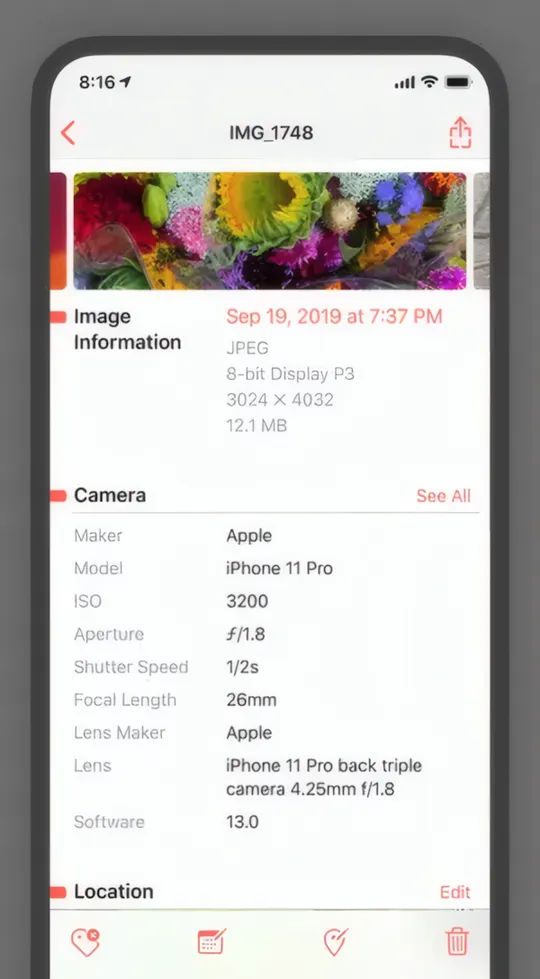 Metapho-Anwendungsoberfläche zur Anzeige der technischen Daten des Bildes
