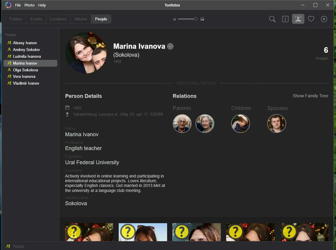 Example of a completed profile of a Tonfotos person