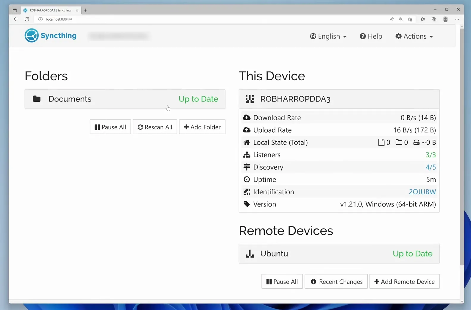 Syncthing control panel interface
